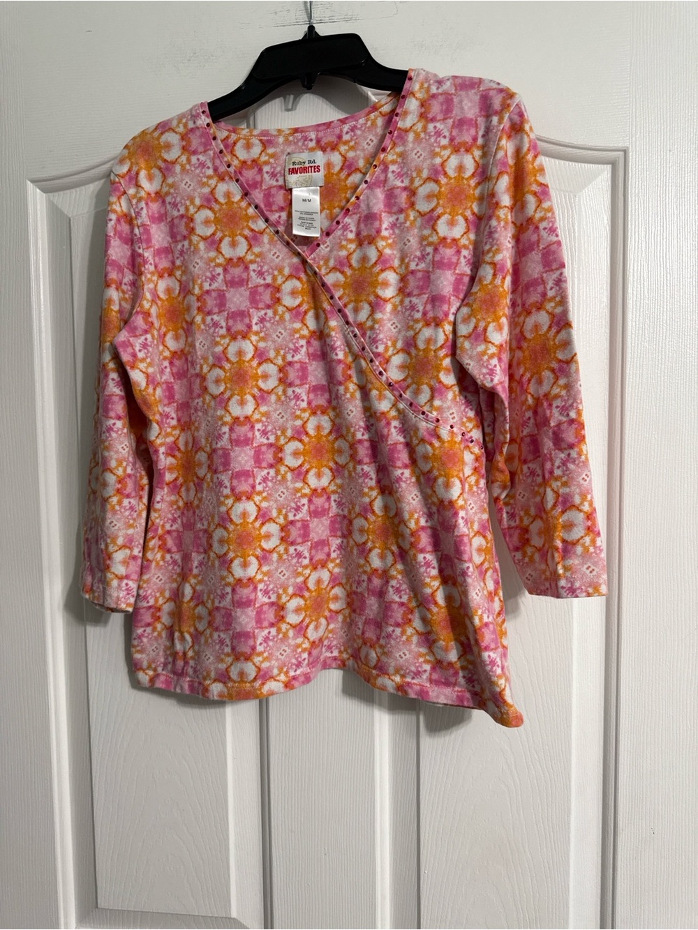 Ruby Rd. Pink and Orange Floral Long Sleeve Wrap-Style Top
